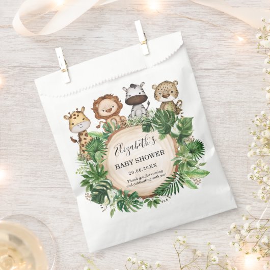 熱帯緑のジャングル野生動物の赤ちゃんシャワー フェイバーバッグ (クリップ留めされた状態)