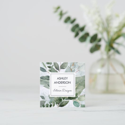 熱帯緑のセージのユーカリ離れス スクエア名刺 (スタンド正面)