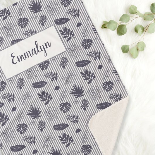 熱帯緑のパターンストライプモノグラム |紫 シェルパブランケット