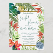 熱帯緑のヤシの金ゴールドスクリプトブライダルシャワー 招待状 (正面/裏面)