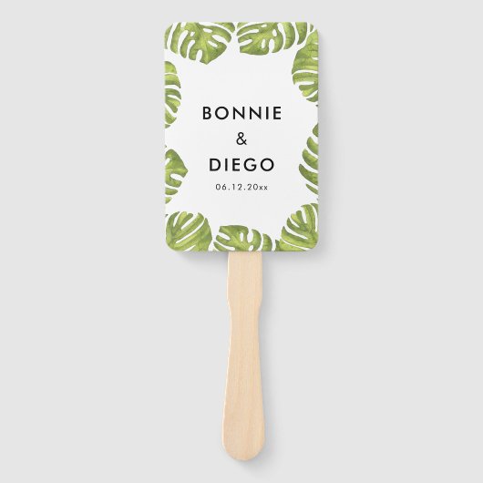 熱帯緑のヤシ葉の結婚式 ハンドファン (正面)