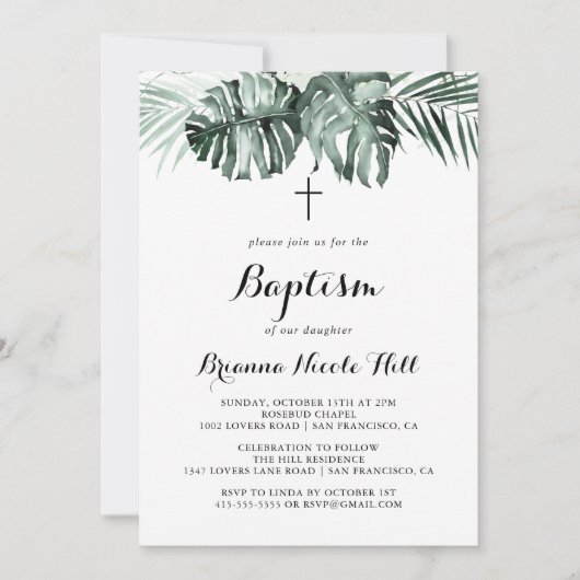 熱帯緑の白いフローラバプテスマ 招待状 (正面)