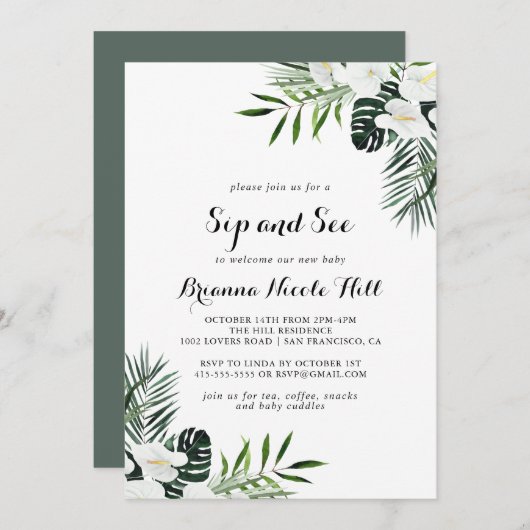 熱帯緑の白いフローラ園区と見る 招待状 (正面/裏面)