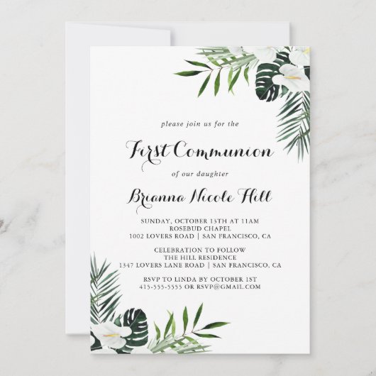熱帯緑の白いフローラ第1聖餐式 招待状 (正面)