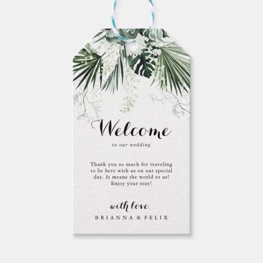 熱帯緑の白いフローラ結婚の歓迎 ギフトタグ (正面)