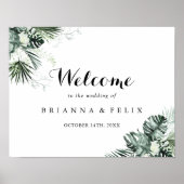 熱帯緑の白いフローラ結婚の歓迎 ポスター (正面)