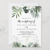 熱帯緑の白いフローラ結婚の 招待状 (正面)