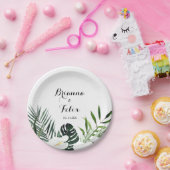 熱帯緑の白いフローラ結婚ズケーキ ペーパープレート (パーティー)