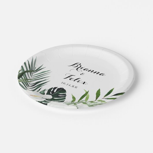 熱帯緑の白いフローラ結婚ズケーキ ペーパープレート (アングル)