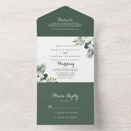熱帯緑の白いフローラ結婚ズ オールインワン招待状 (内側)