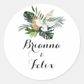 熱帯緑の白結婚封筒用シール ラウンドシール (正面)