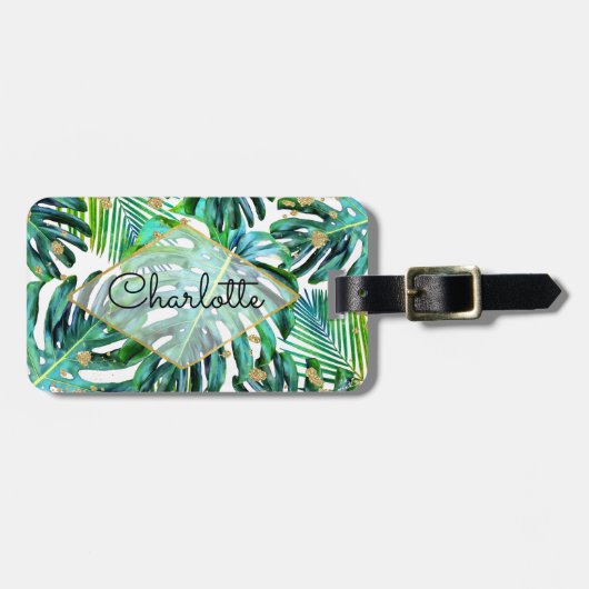 熱帯緑の草木の金ゴールドのグリッターのシュロの葉パターン ラゲッジタグ (正面横)