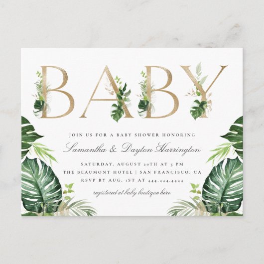 熱帯緑の草木の金ゴールドのタイポグラフィのベビーシャワー インビテーションポストカード (正面)