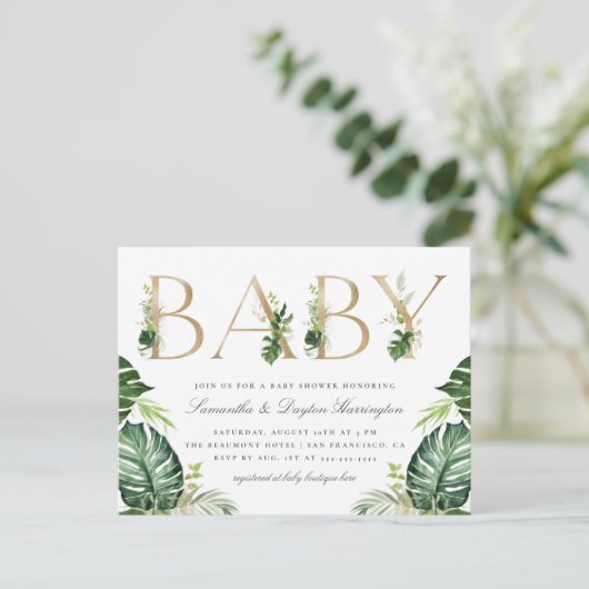 熱帯緑の草木の金ゴールドのタイポグラフィのベビーシャワー インビテーションポストカード (スタンド正面)
