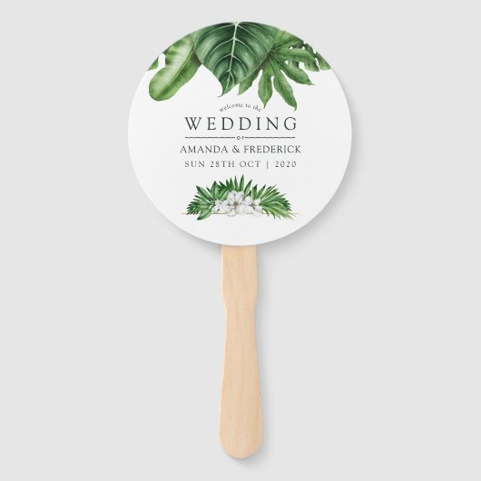 熱帯緑の葉の結婚式の引き出物 ハンドファン (正面)