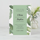 熱帯緑の葉。ボタニカルエレガントな結婚式 招待状 (スタンド正面)