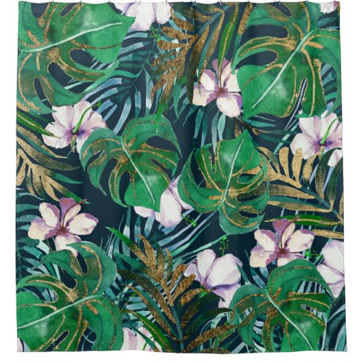 熱帯緑の薄紫の金ゴールドモンスターは花柄を残します シャワーカーテン (正面)