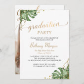 熱帯緑の金ゴールドアーチ写真卒業パーティー 招待状 (正面/裏面)