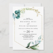 熱帯緑の金ゴールドカジュアル結婚フローラ 招待状 (正面)