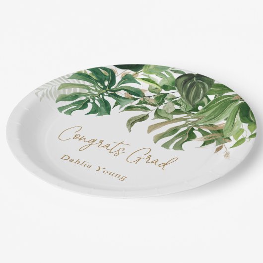 熱帯緑の金ゴールドモダン卒業 ペーパープレート (アングル)