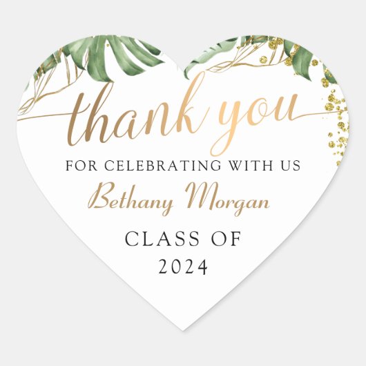 熱帯緑の金ゴールド卒業 ハートシール (正面)