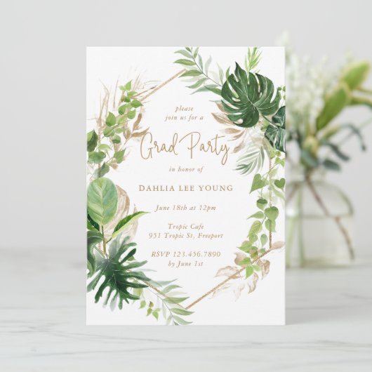熱帯緑の金ゴールド幾何学卒業パーティー 招待状 (スタンド正面)