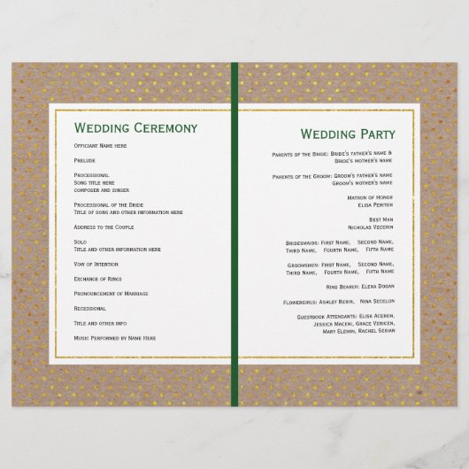熱帯緑の金ゴールド素朴な二倍の結婚式プログラム (裏面)