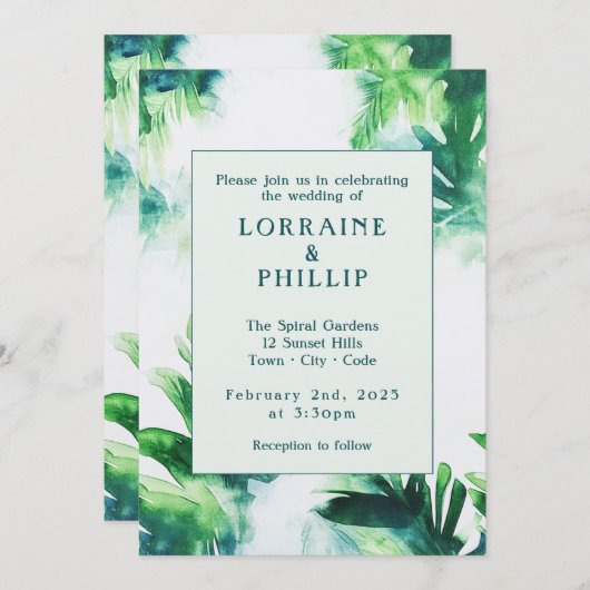 熱帯緑エレガント植物性緑色緑 招待状 (正面/裏面)