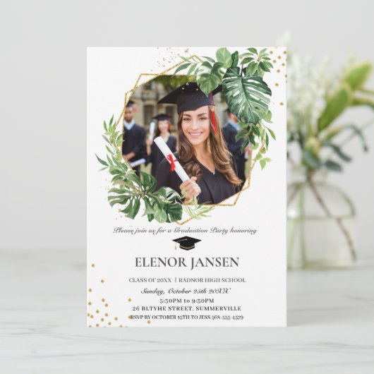 熱帯緑地幾何金ゴールド卒業写真 招待状 (スタンド正面)