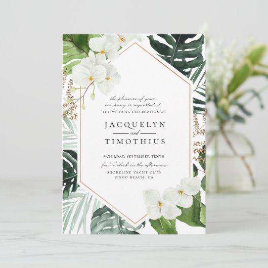 熱帯緑地白色フローラ枠結婚ズ 招待状 (スタンド正面)