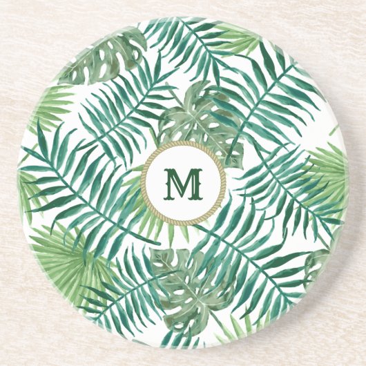 熱帯緑色の葉モノグラム コースター (正面)