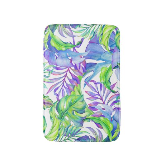 熱帯群葉の黄色のピンクの青緑のラベンダー バスマット (正面縦)