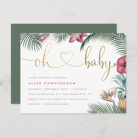 熱帯群葉のOhベビーの金ゴールドの原稿のベビーシャワー インビテーションポストカード (正面/裏面)