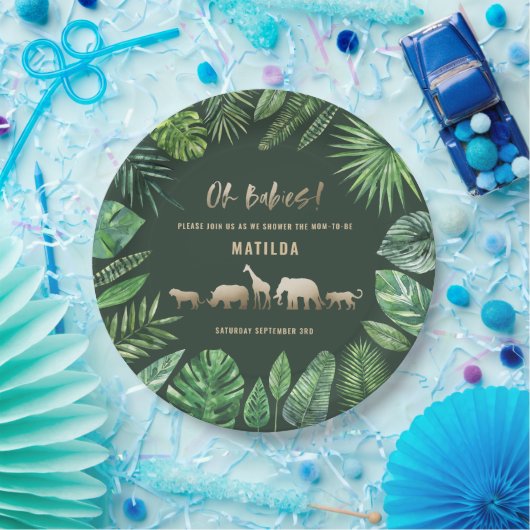 熱帯群葉 + 金ゴールド動物の対のベビーシャワー ペーパープレート (パーティー)