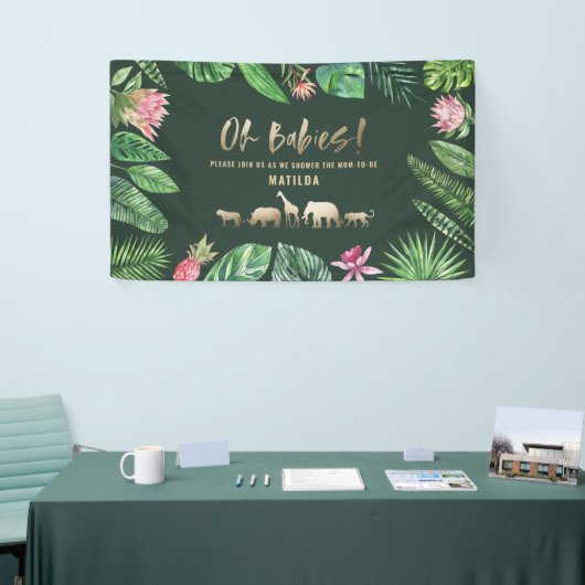 熱帯群葉 + 金ゴールド動物の対のベビーシャワー 横断幕 (トレードショー)