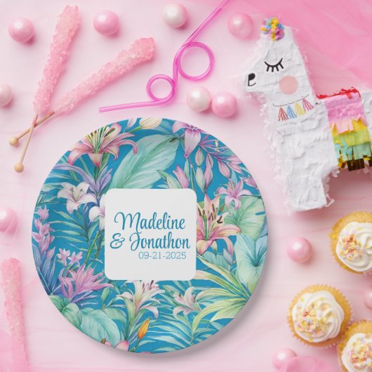 熱帯花と緑のシンプルビーチ結婚式 ペーパープレート (パーティー)