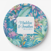 熱帯花と緑のシンプルビーチ結婚式 ペーパープレート (正面)