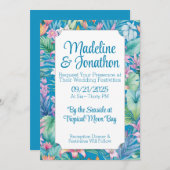 熱帯花と緑のシンプルビーチ結婚式 招待状 (正面/裏面)