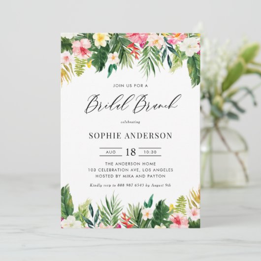 熱帯花と緑の夏のブライダルシャワー 招待状 (スタンド正面)