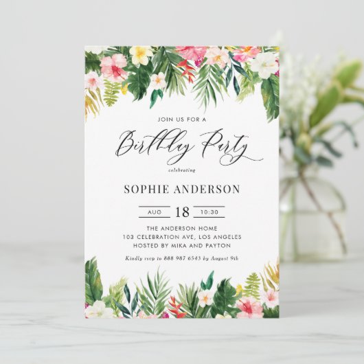 熱帯花と緑の夏の誕生日 招待状 (スタンド正面)