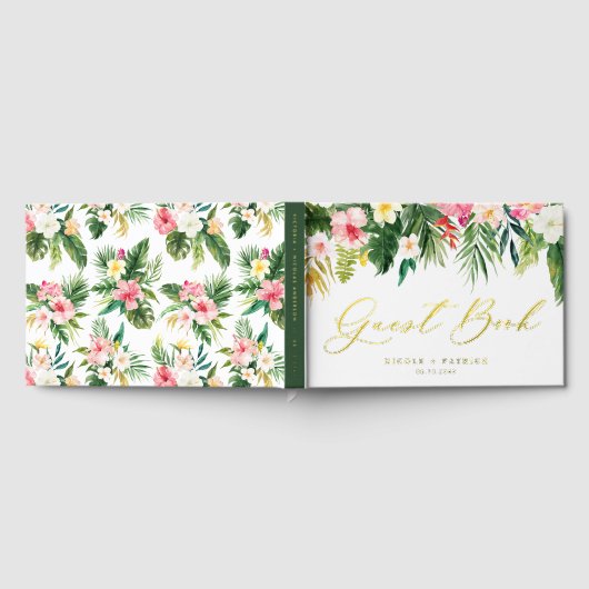 熱帯花と緑の夏結婚の ゲストブック (全面)