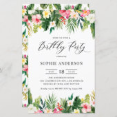 熱帯花と緑の誕生日招待状 (正面/裏面)