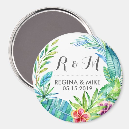 熱帯花と葉リース春の結婚式 マグネット (正面/裏面)
