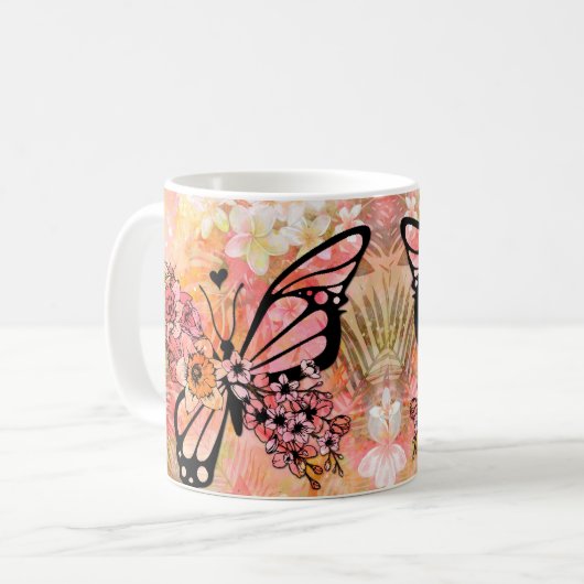 熱帯花と蝶のアート – 鮮やかフローラ コーヒーマグカップ (正面左)
