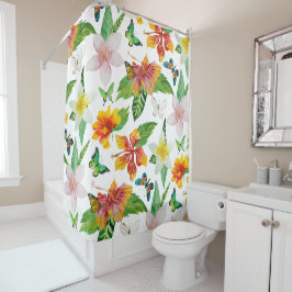 熱帯花と蝶のパターン シャワーカーテン