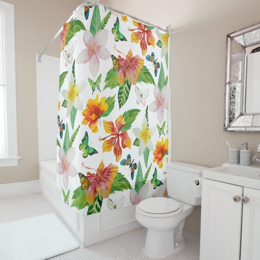熱帯花と蝶のパターン シャワーカーテン (インサイチュ)