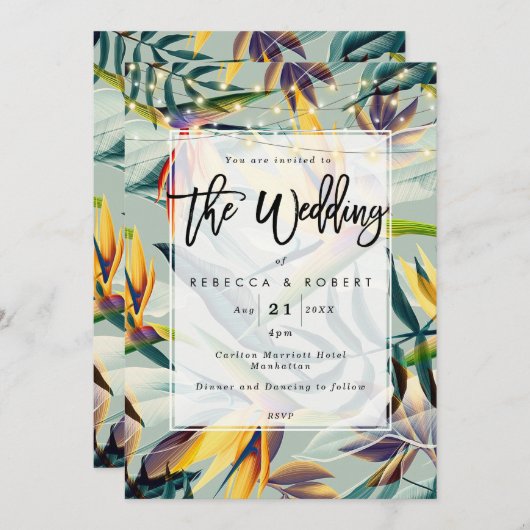 熱帯花のジャングルのモダンの結婚式招待状 招待状 (正面/裏面)