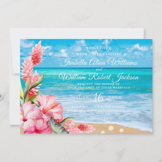 熱帯花のハイビスカスのビーチ結婚式 招待状 (正面)