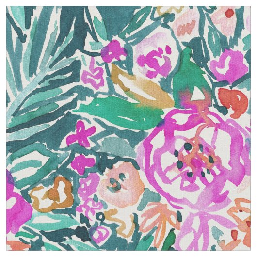 熱帯花の水彩画のプリントを感じます ファブリック (クローズアップ)