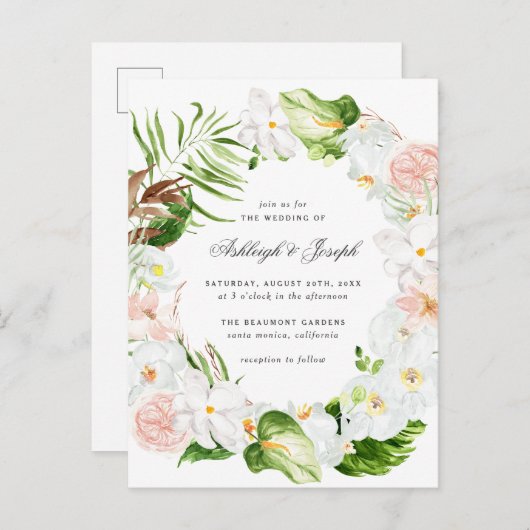 熱帯花の緑の草木は結婚式を包みます インビテーションポストカード (正面/裏面)